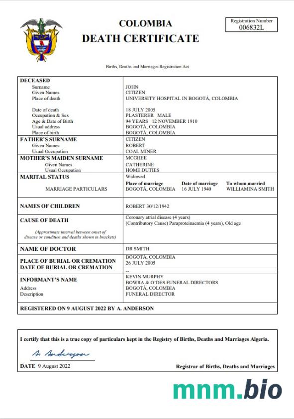 Colombia śmierć certyfikat Word i PDF szablon